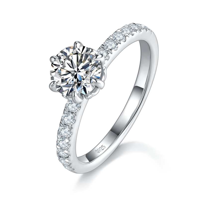 花瓣六爪圆钻Women's RingS925银镀白金定制选款Moissanite1.0ct